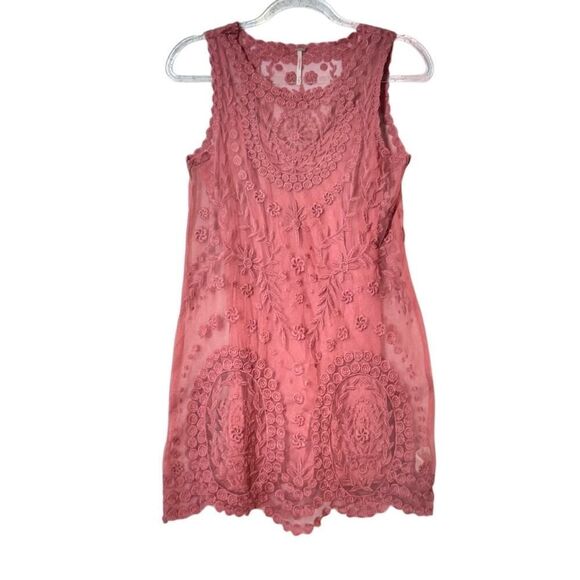 Free People Embroidered Mesh Mini Dress in Red Rouge Sheer with Liner XS - Picture 2 of 10